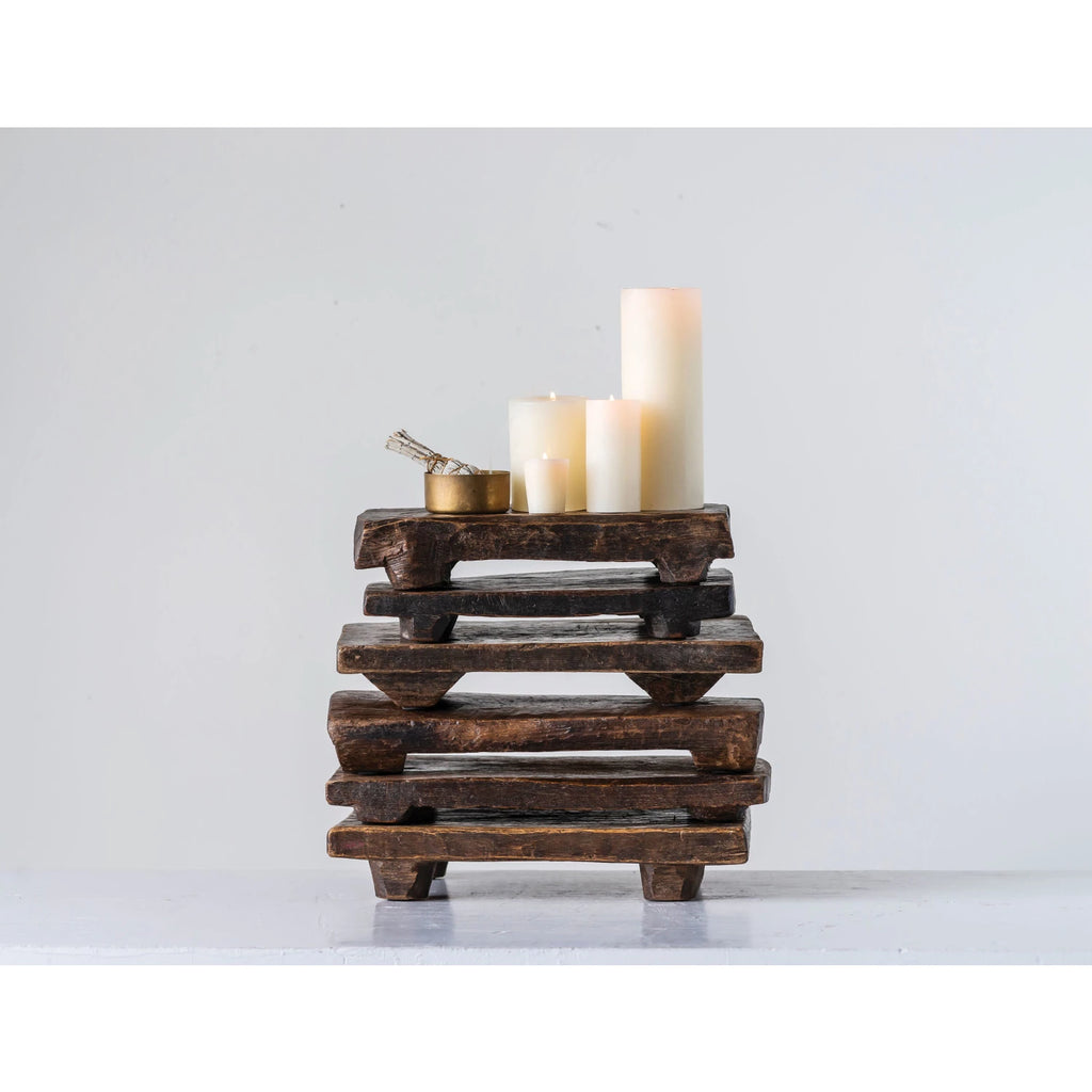 Vintage Wood Rectangular Pedestal Tray Stacked with Candles