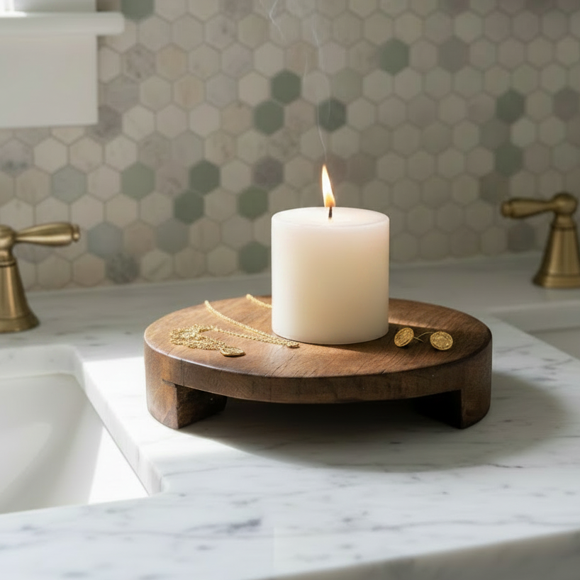 A lit white pillar candle sits on a round wooden stand on a marble countertop in a bathroom setting with a hexagonal tile backsplash.