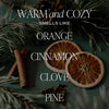 Text 'Warm and Cozy Smells Like Orange Cinnamon Clove Pine' with dried oranges, cinnamon stick, and pine branches on a dark background.