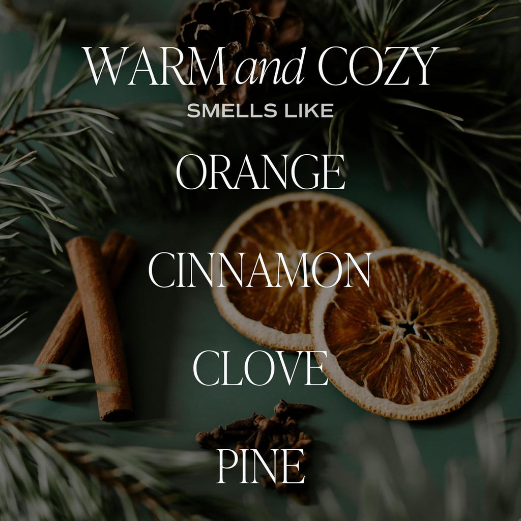 Text 'Warm and Cozy Smells Like Orange Cinnamon Clove Pine' with dried oranges, cinnamon stick, and pine branches on a dark background.