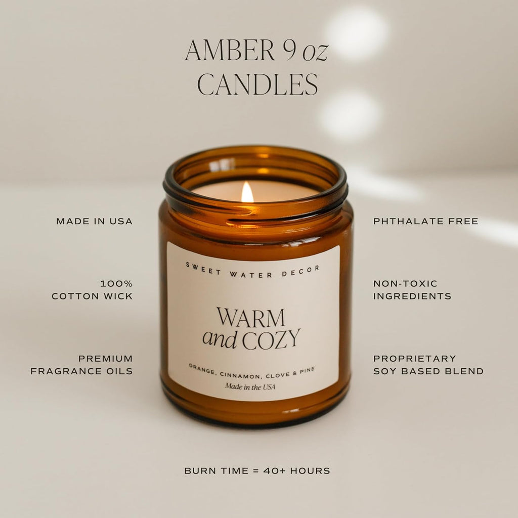 Amber 9 oz candle with 'Sweet Water Decor' label on a neutral background