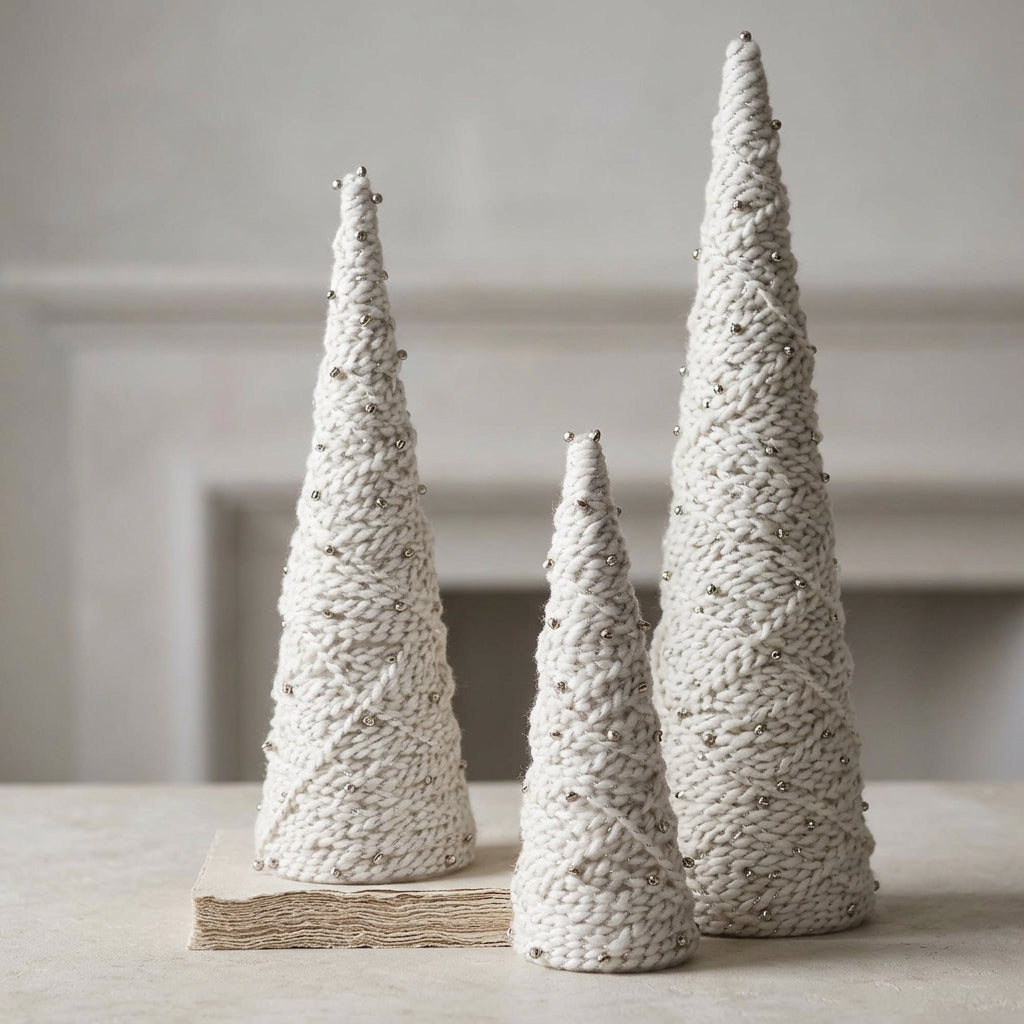 White Yarn Decorative Christmas Tree Figurine with Bells
