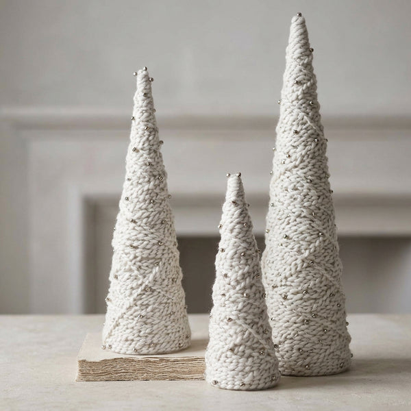 White Yarn Decorative Christmas Tree Figurine with Bells