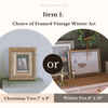 Framed vintage winter art pieces with options for Christmas Tree and Winter Fox prints.