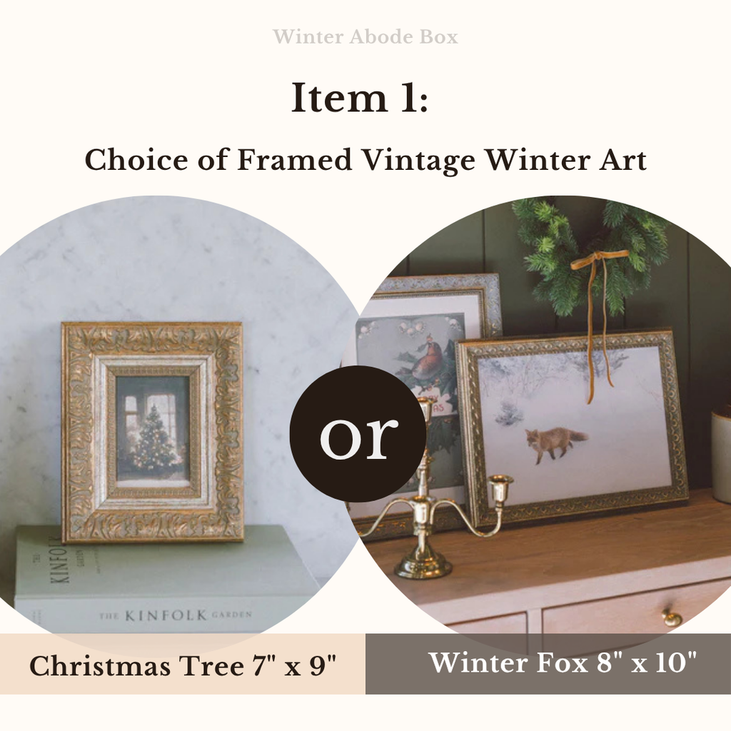 Framed vintage winter art pieces with options for Christmas Tree and Winter Fox prints.