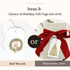 Holiday gift tags with bell wreath and nutcracker tree designs on a white background.