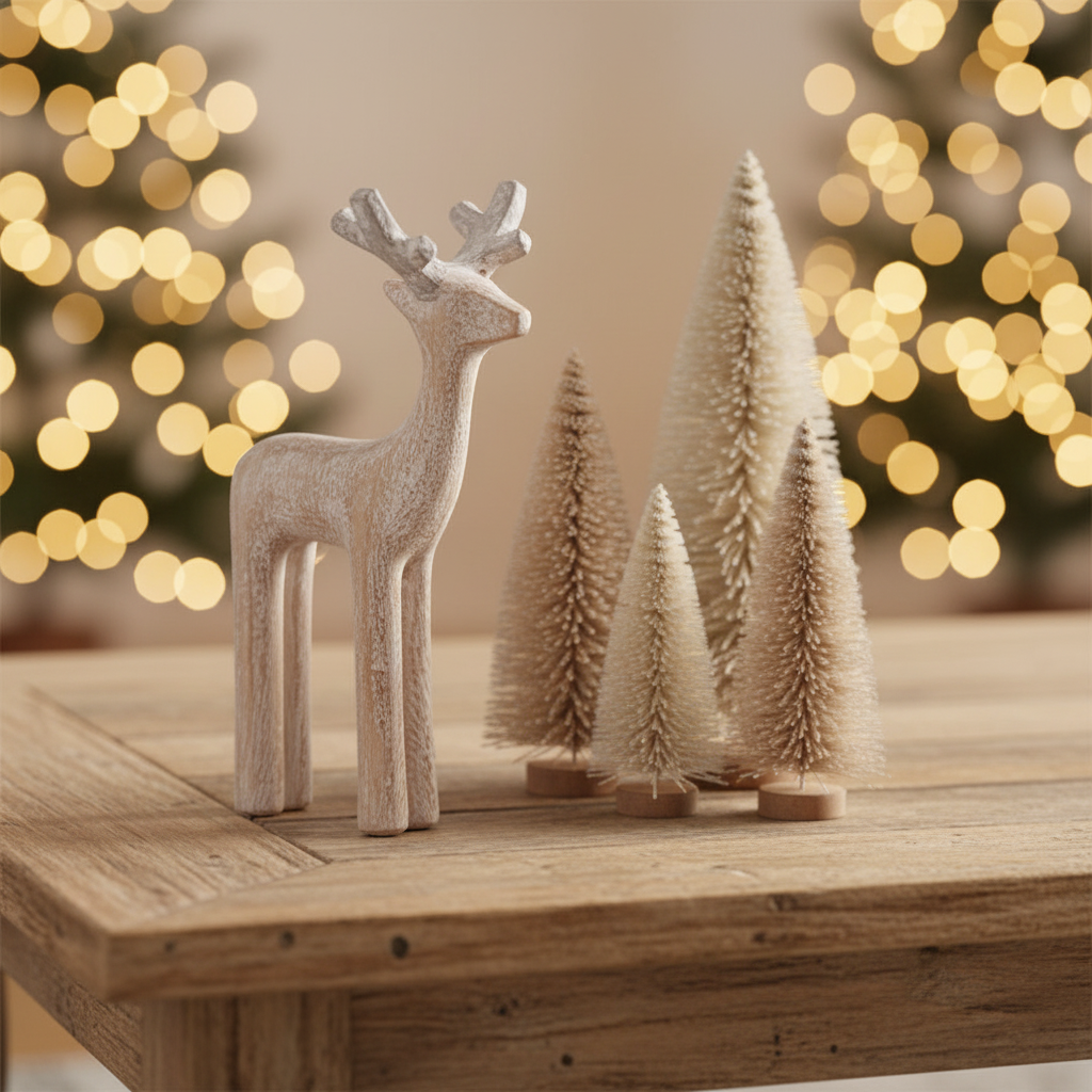 Wooden deer figurine on a coffee table with christmas decorations.