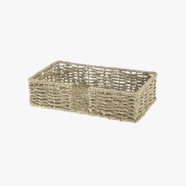 Woven rectangular napkin caddy on a white background