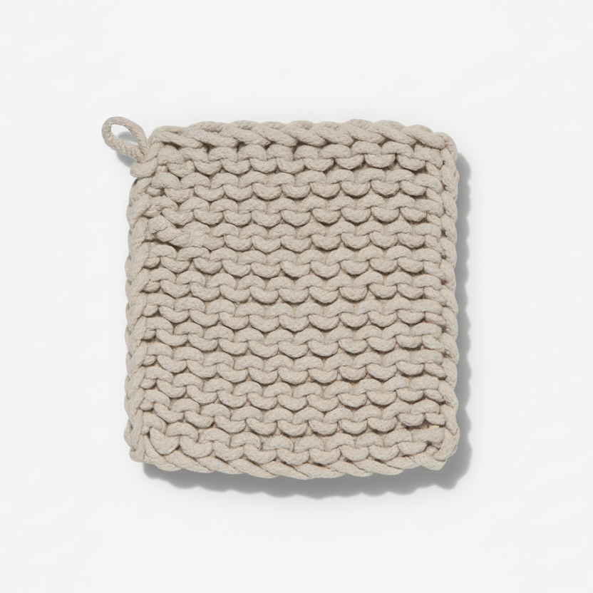 grey woven pot holder on a white background