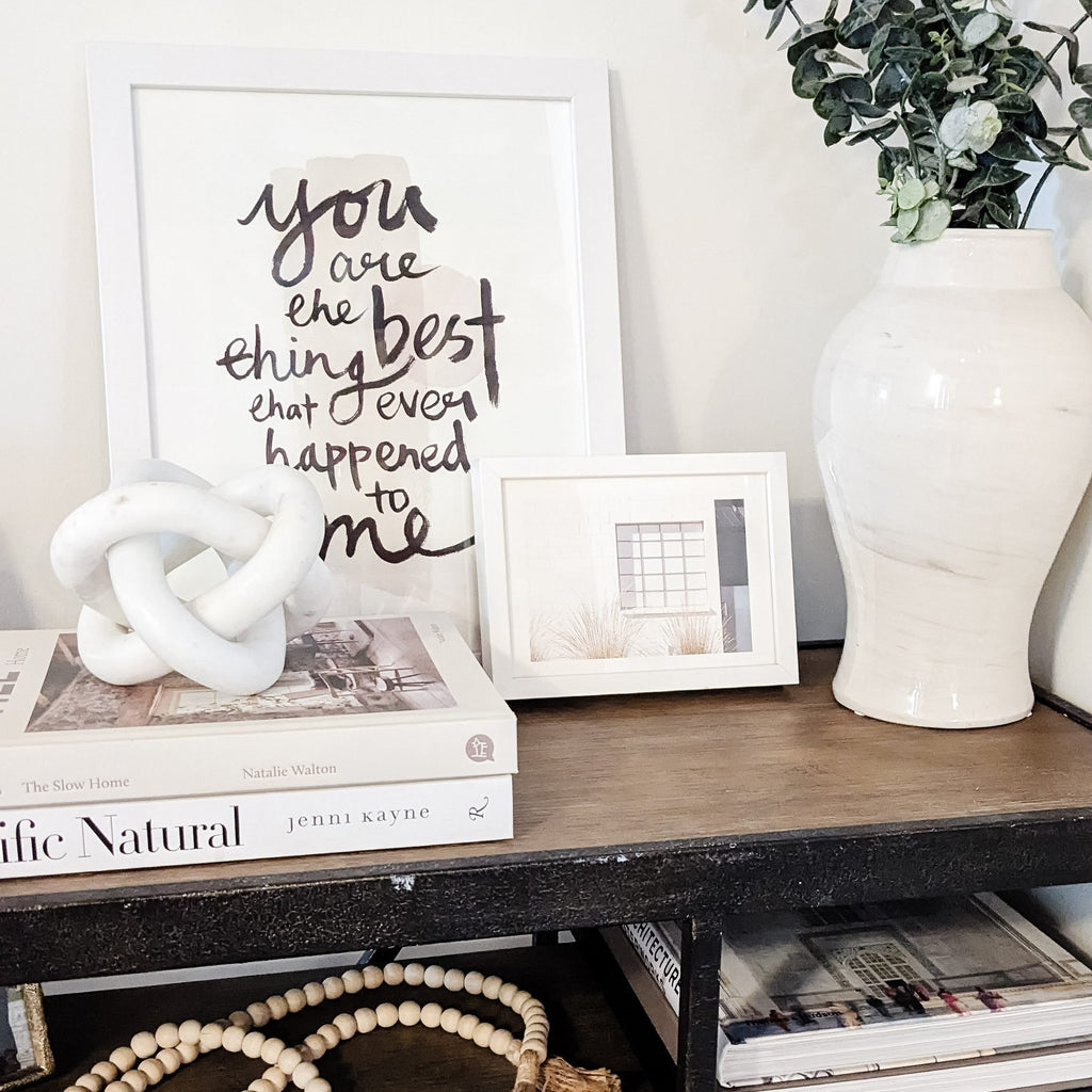white marble knot on bookshelf