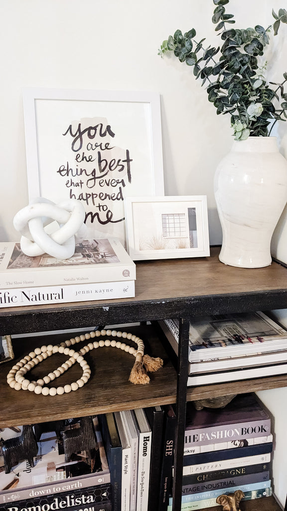 white marble knot on bookshelf