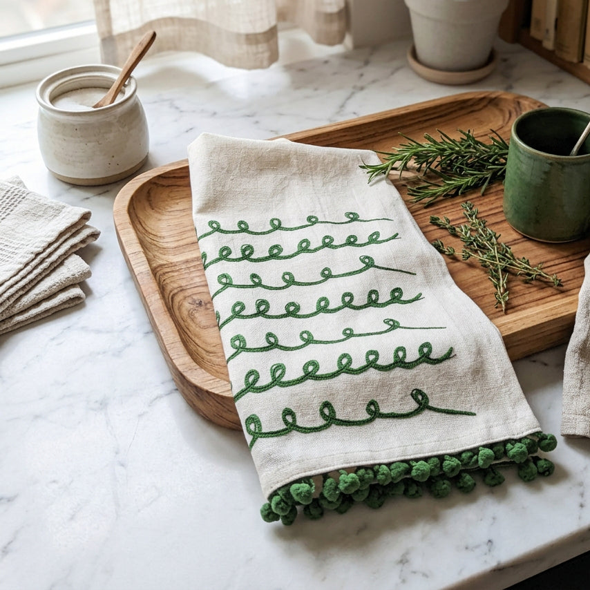 A white cotton tea towel with green detailing and pom poms decoration, displayed on a white background.