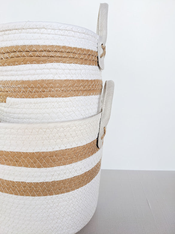Cream and Tan Stripe Storage Basket Set of two- organic modern decor