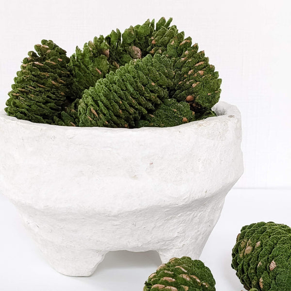 A collection of flocked pinecones arranged in a white bowl on a white surface, with a few pinecones scattered outside the bowl.