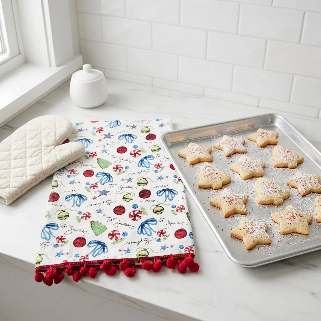 A white Christmas-themed tea towel with multicolored Christmas decoration prints, pom-pom edging, and a red loop for hanging.