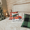 Red Truck Christmas Pillow Cover on bed with christmas decorations