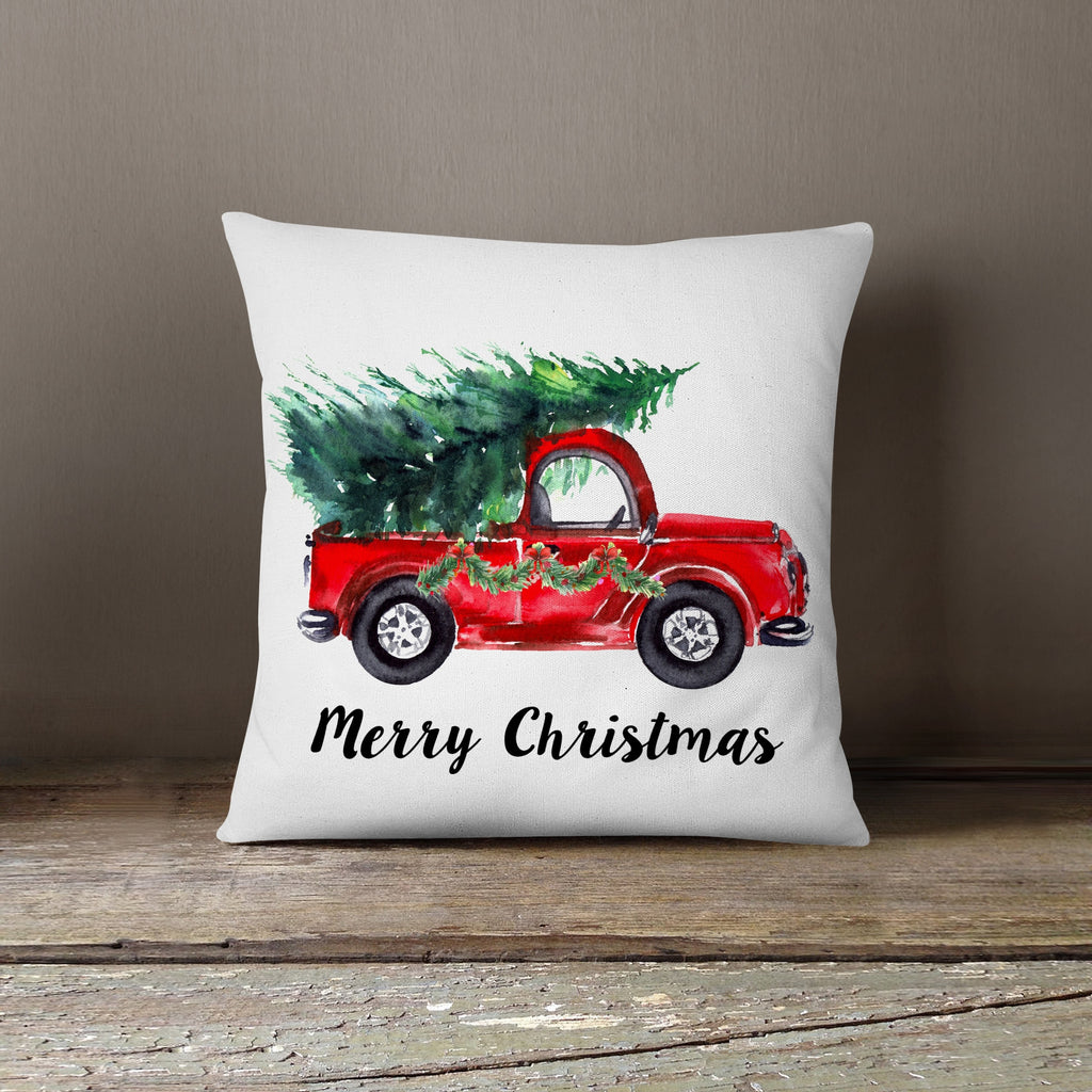 Red Truck Merry Christmas Pillow Cover on wooden background