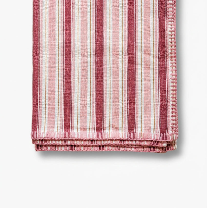 Red and Pink Stripe Christmas Tea Towel on white background