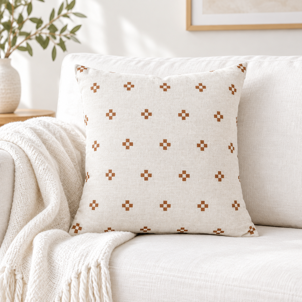 Square Dots Brown and White Pillow Cover on a white couch_modern farmhouse living room decor