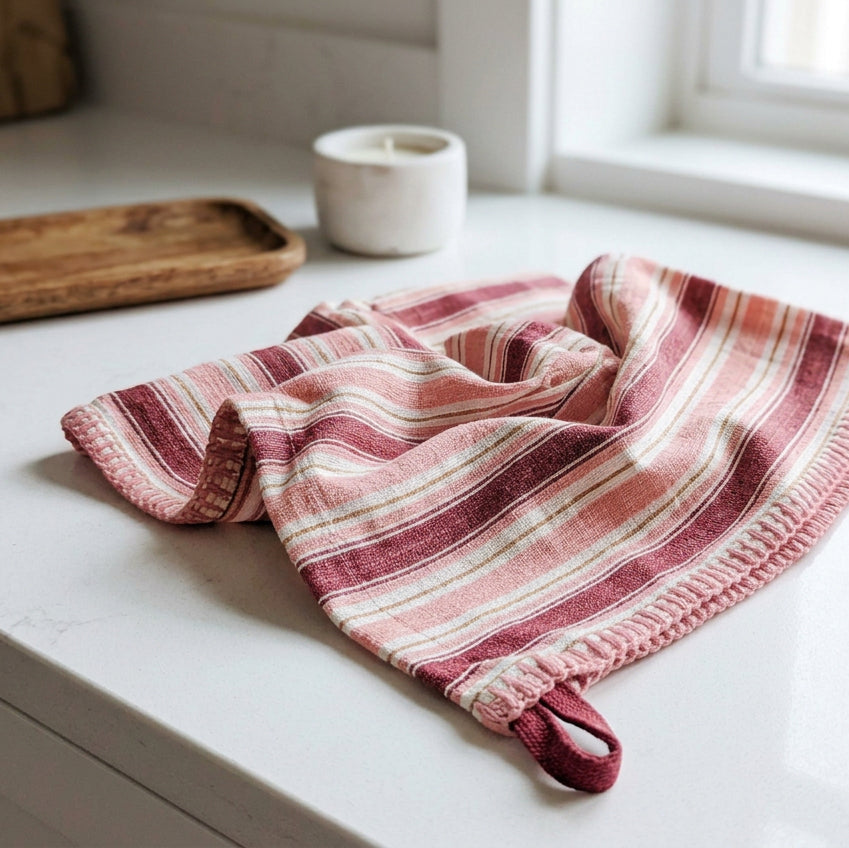 A red and pink striped holiday-themed kitchen tea towel laid out flat.