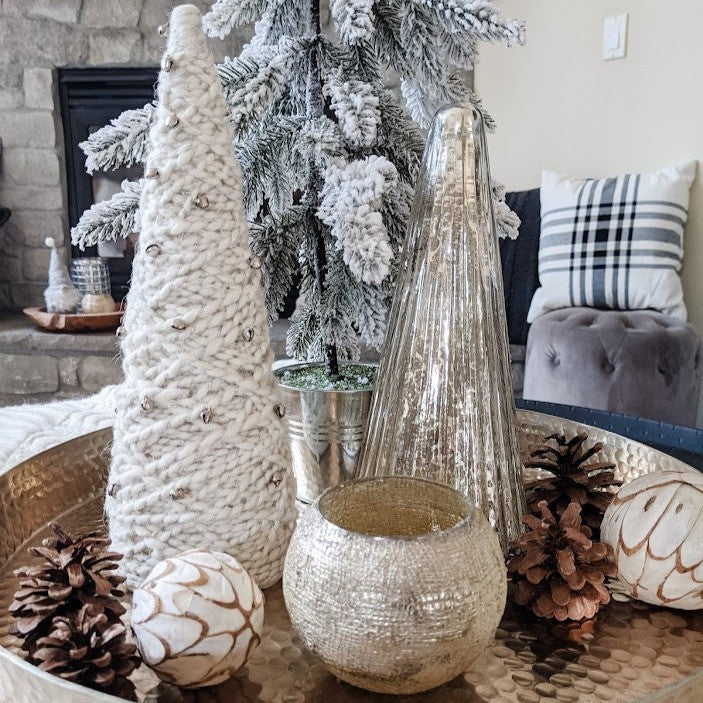 White Yarn Christmas Tree Figurine displayed on gold tray with christmas decorations